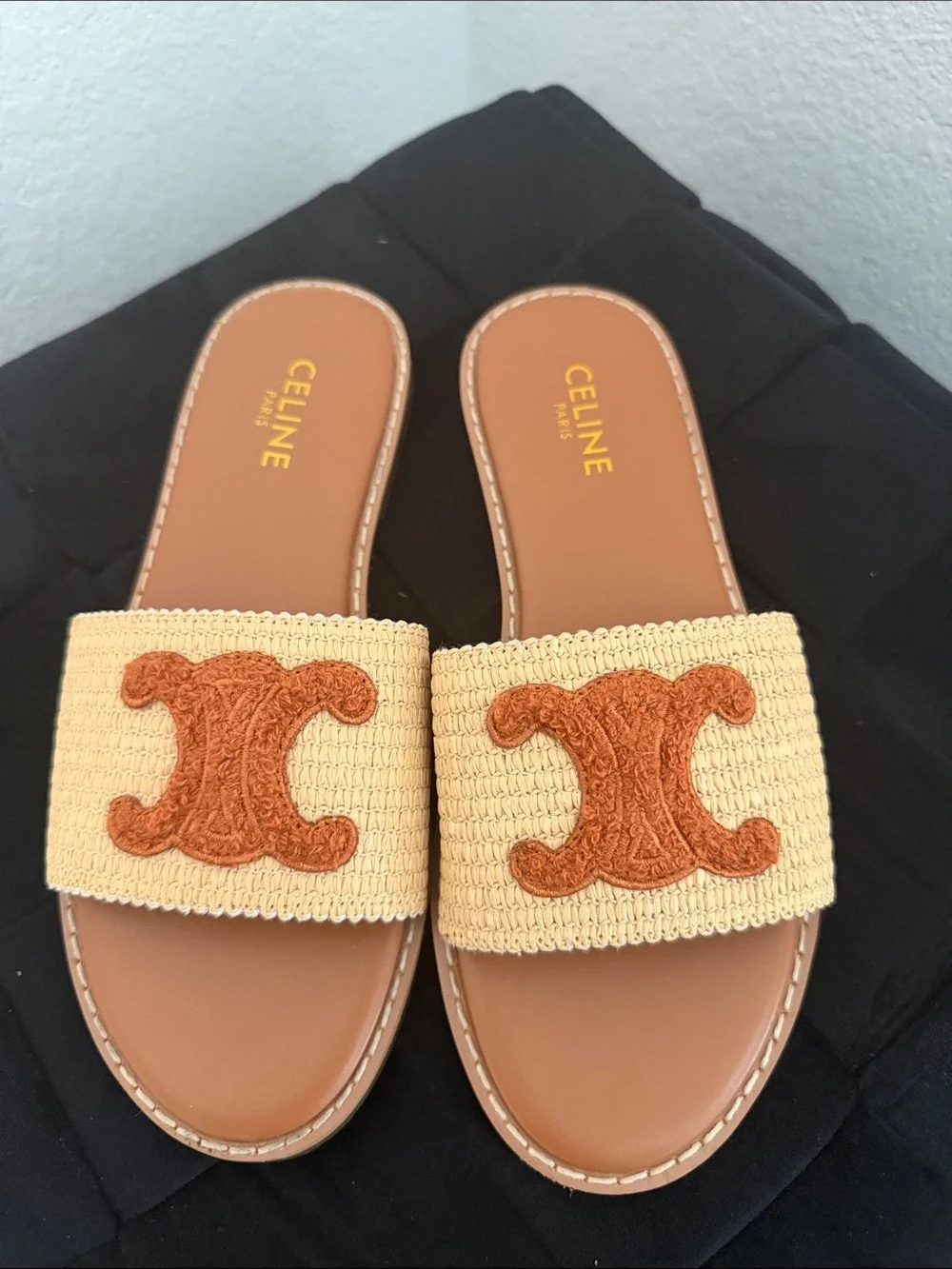 Celine Tan Footbed with Cream Raffia Slides and Brown Embroidered Logo - Picture 2 of 3